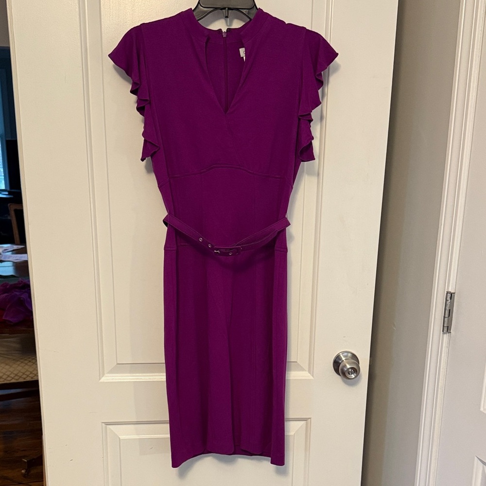 Cache Vibrant Purple Wiggle Dress with Ruffle Sleeves - Picture 3 of 7